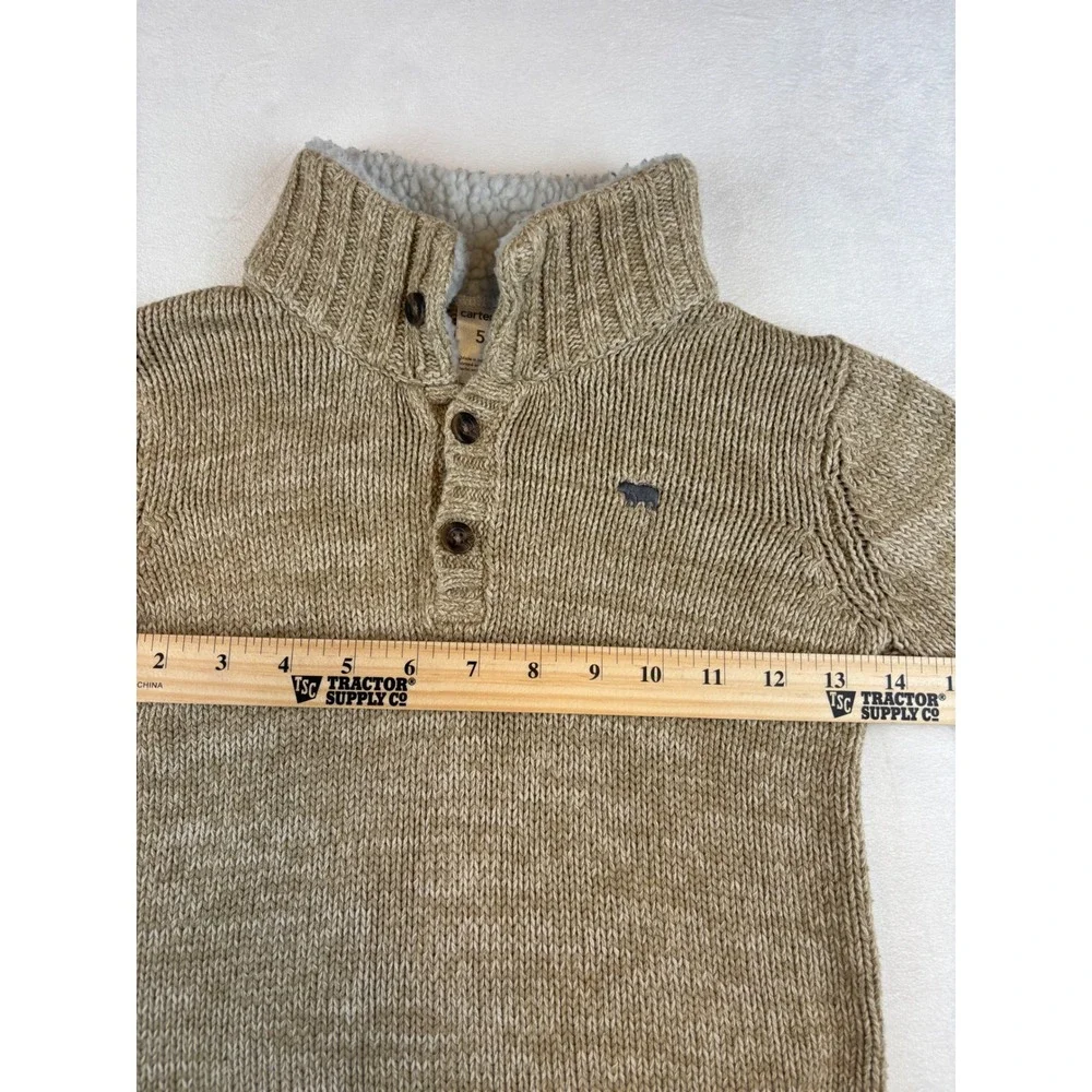 Carters Boys Sweater Size 5 Beige Knit Sherpa Collar Button Up‎ Pullover